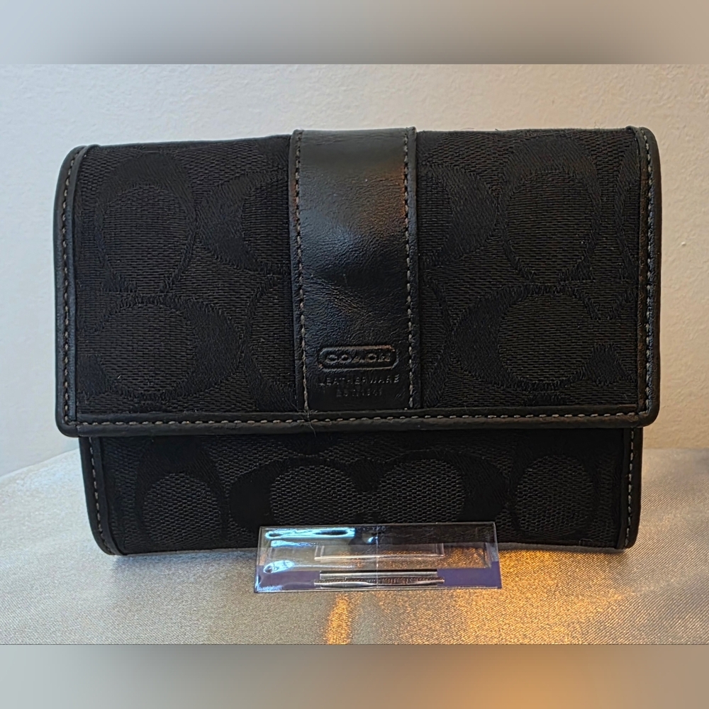 Coach Black Signature Jacquard Trifold Wallet Leather Snap Zip Organizer